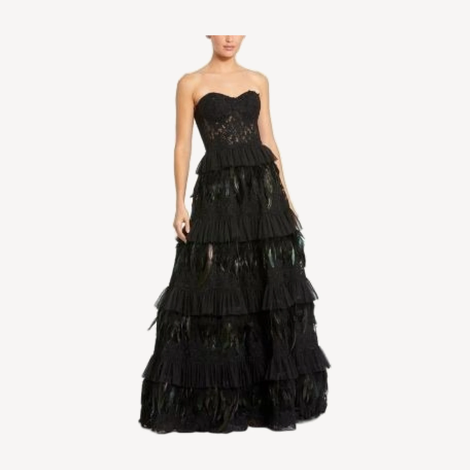 Mac Duggal Strapless Tiered Lace & Feather Gown