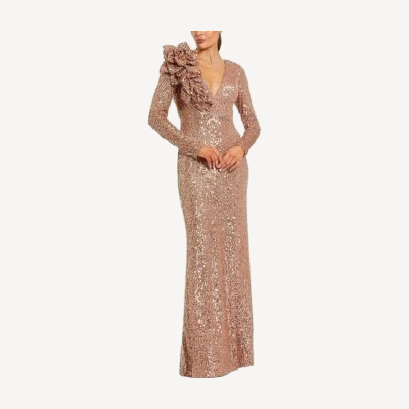 Mac Duggal V-Neck Long Sleeve 3D Floral Sequin Gown
