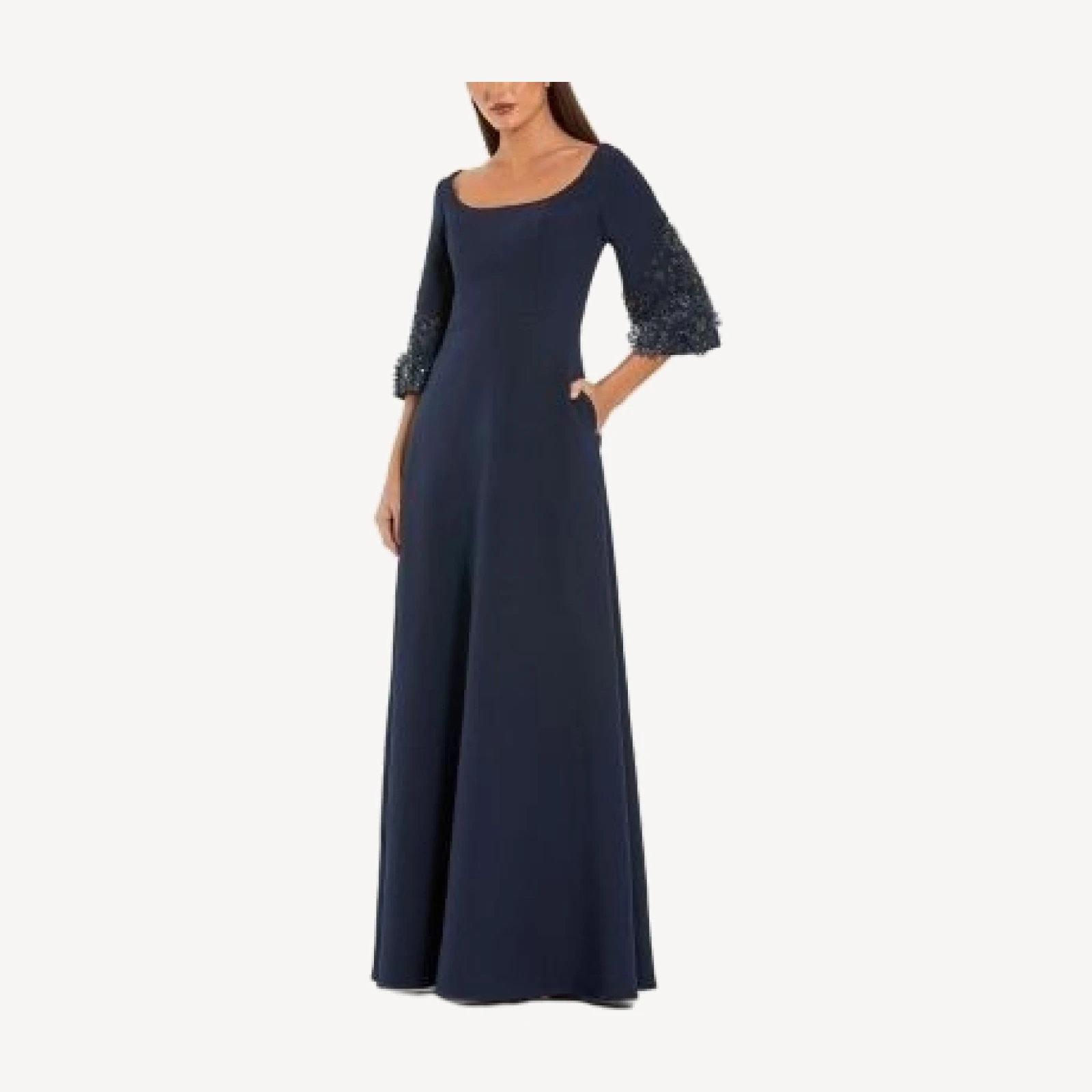 Mac Duggal Crepe Gown with Floral Embellished Sleeves