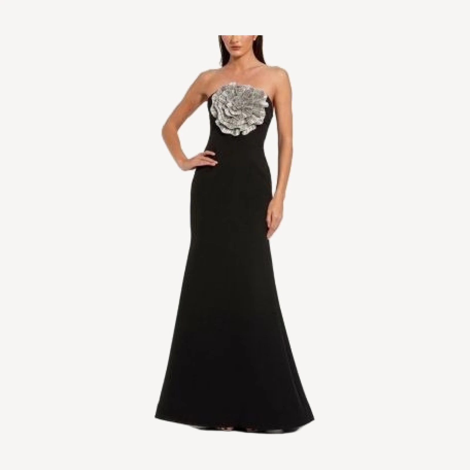 Mac Duggal Crepe Strapless Gown With 3D Rhinestone Flower