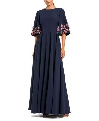 Mac Duggal Stretch Satin 3/4 Sleeve Gown with Flower Trim