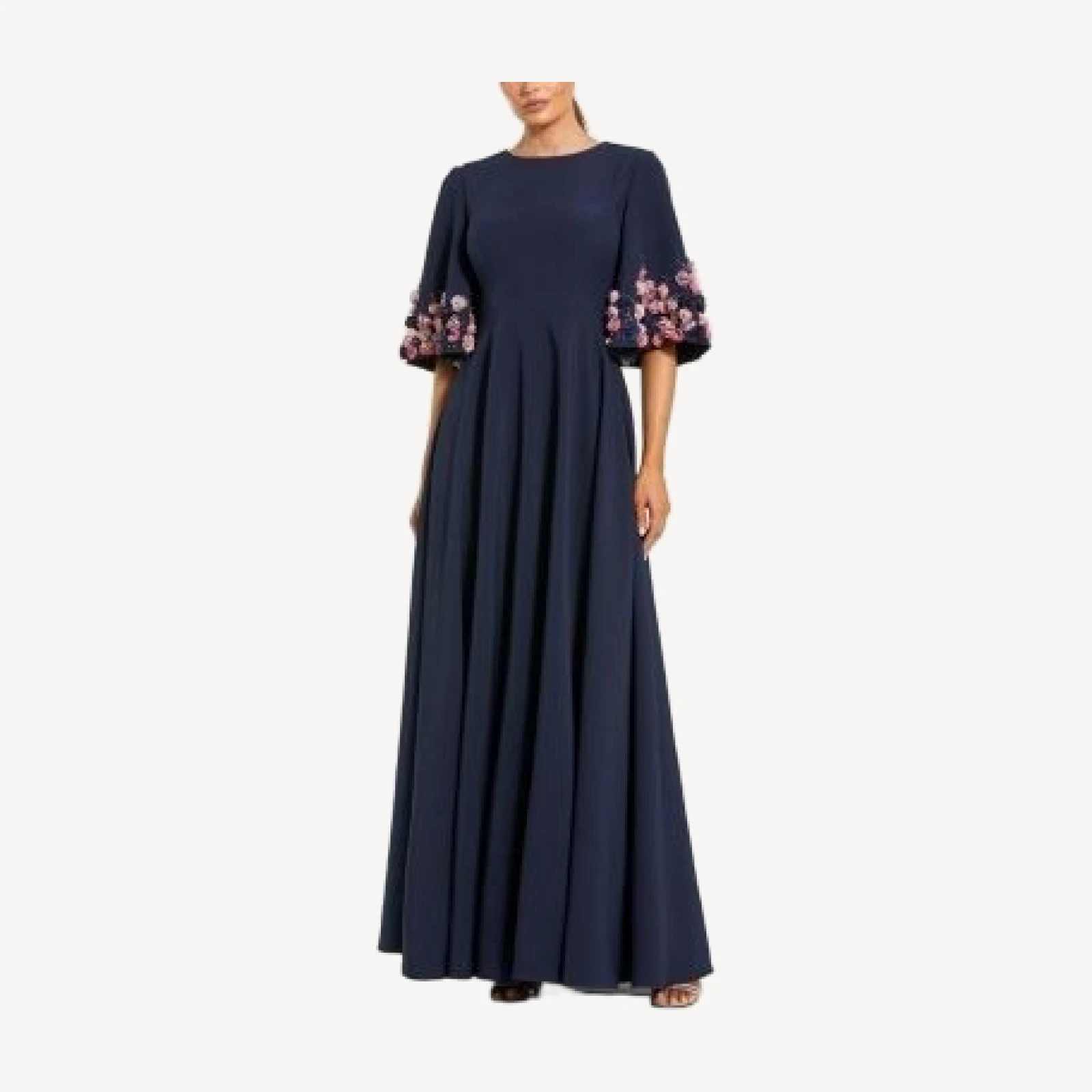 Mac Duggal Stretch Satin 3/4 Sleeve Gown with Flower Trim