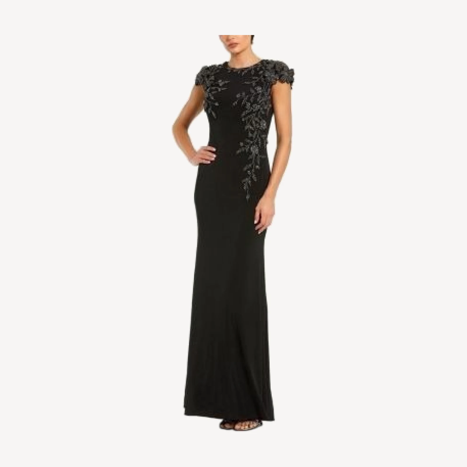 Mac Duggal Jersey Cap Sleeve Fitted Gown with Beaded Flowers