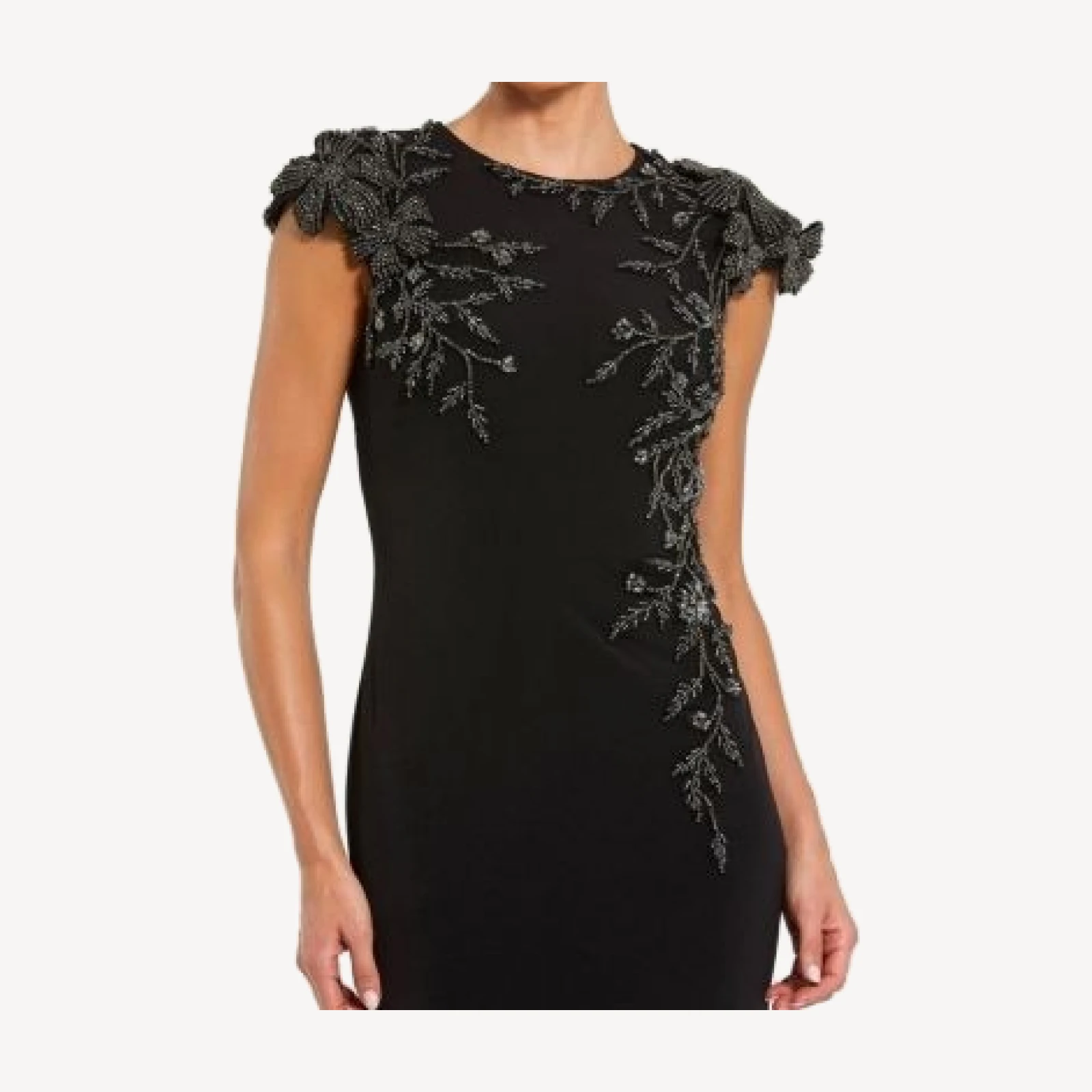 Mac Duggal Jersey Cap Sleeve Fitted Gown with Beaded Flowers