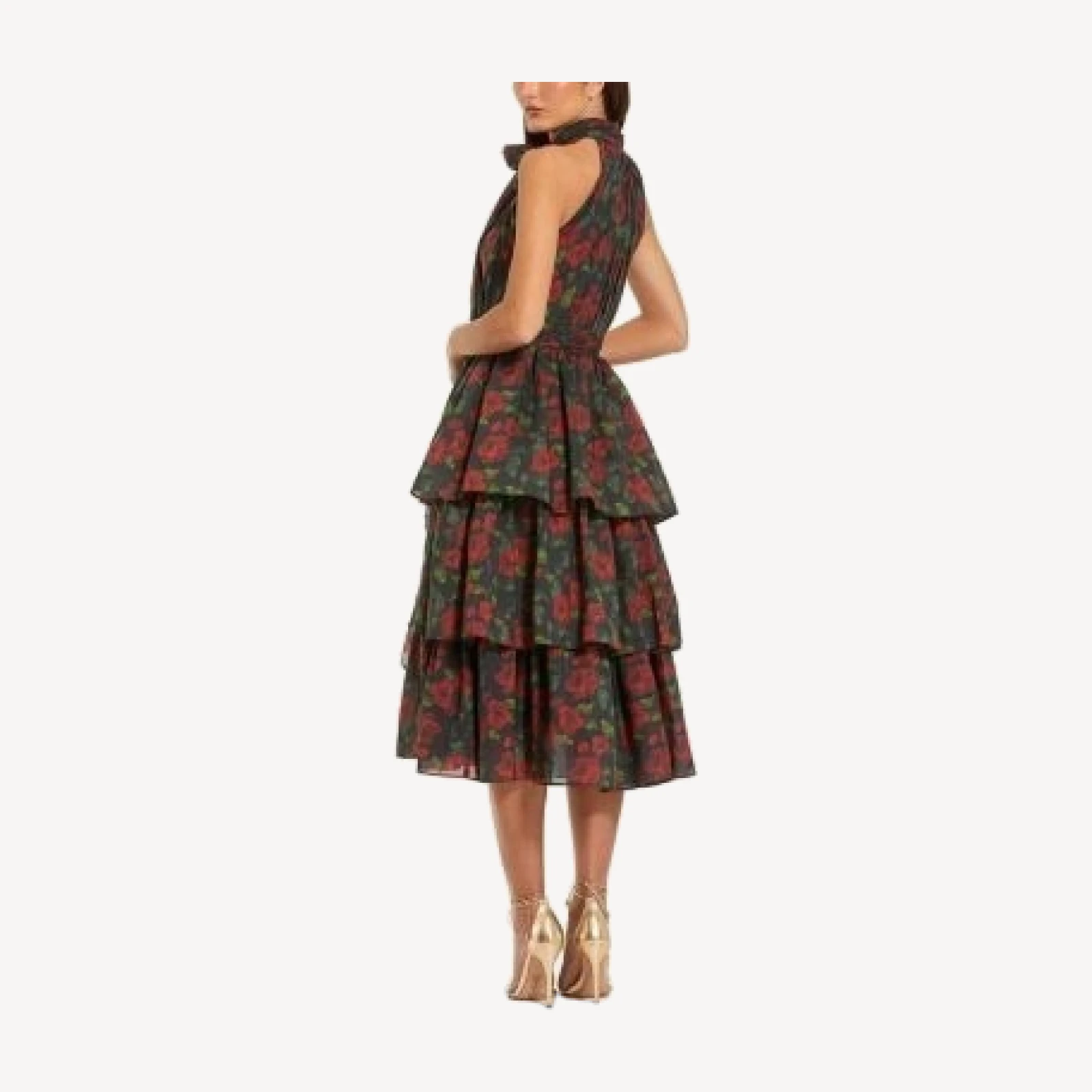 Mac Duggal Floral Chiffon Tiered Midi Dress with Neck Bow