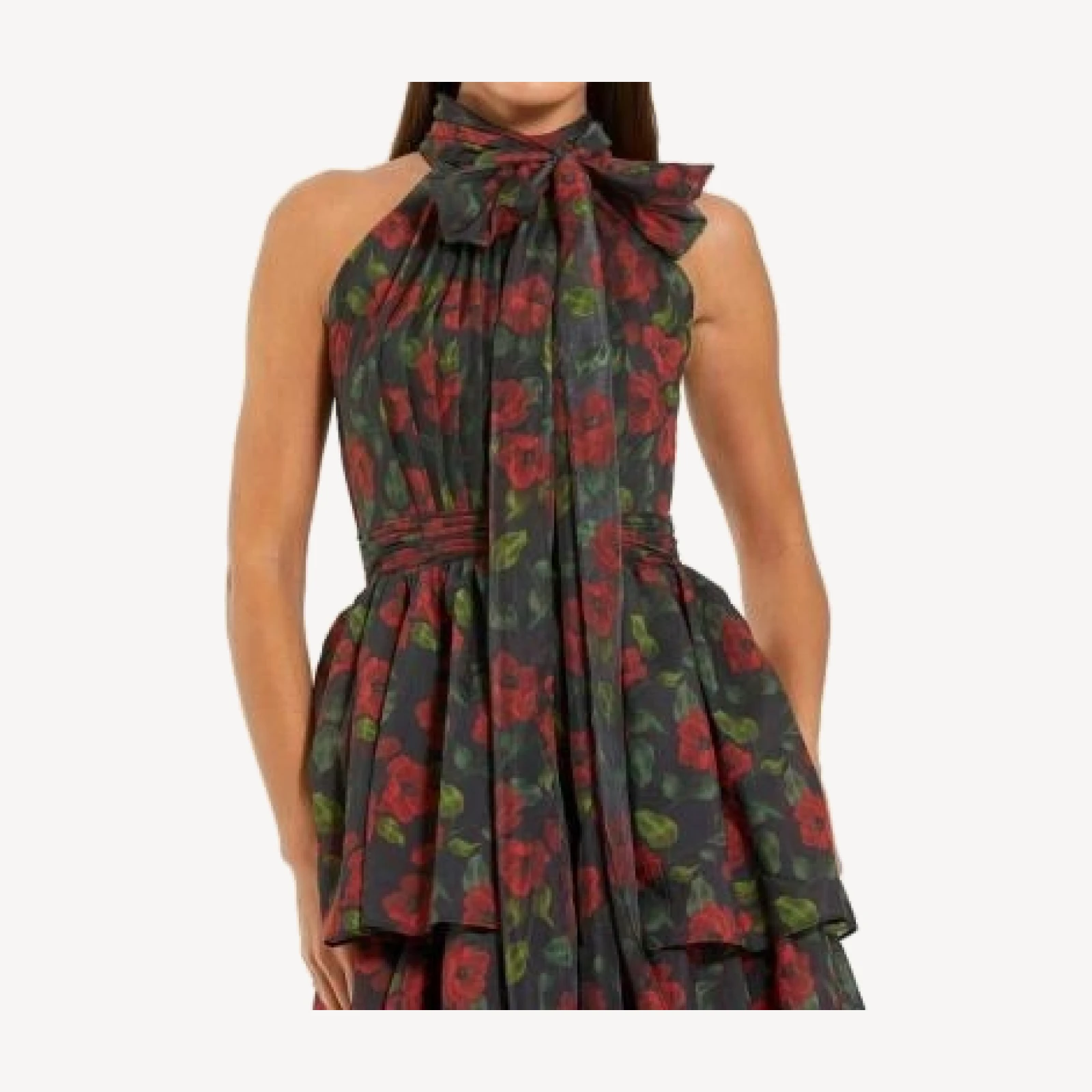 Mac Duggal Floral Chiffon Tiered Midi Dress with Neck Bow
