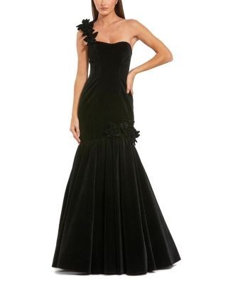 Mac Duggal Velvet One Shoulder Trumpet Gown With Flowers