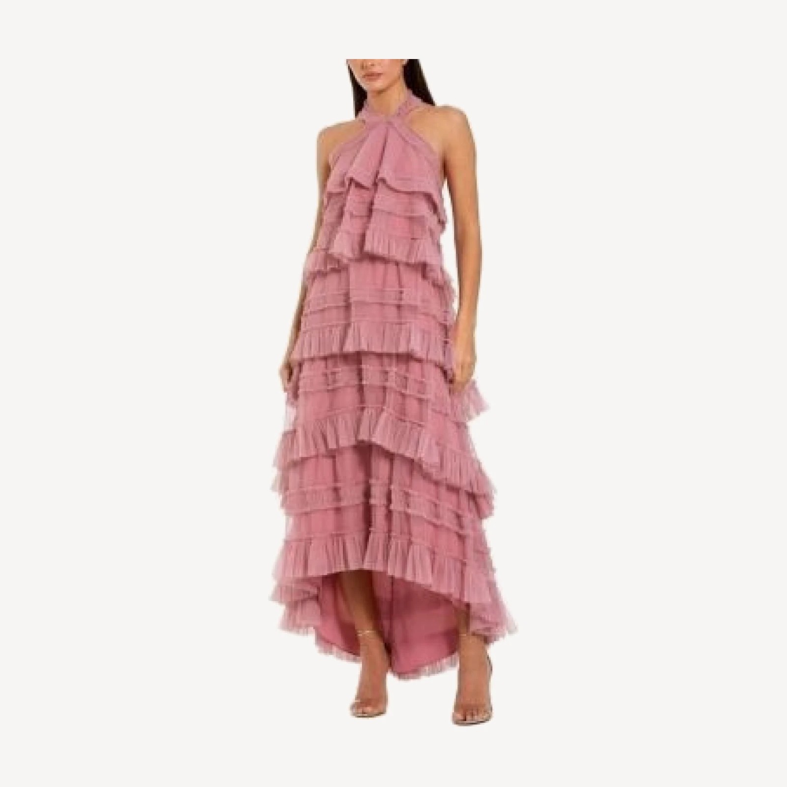 Mac Duggal Dot Mesh Ruffle Halter Neck Ankle Dress