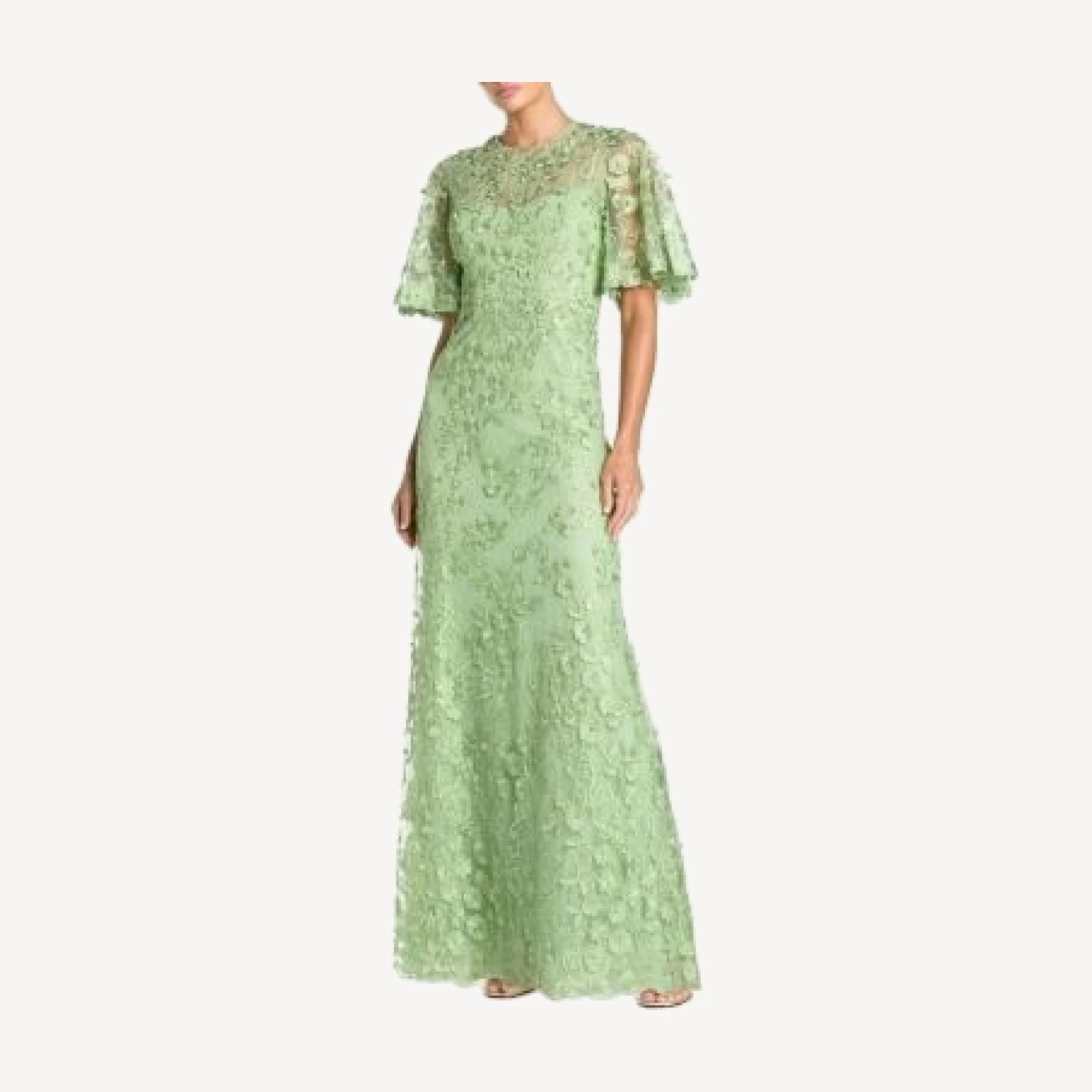 Mac Duggal Flutter Sleeve Floral Emboridered Net Gown