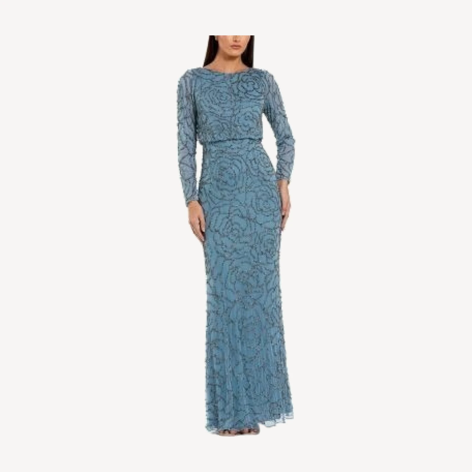 Mac Duggal Beaded Mesh Long Sleeve Blouson Top Gown