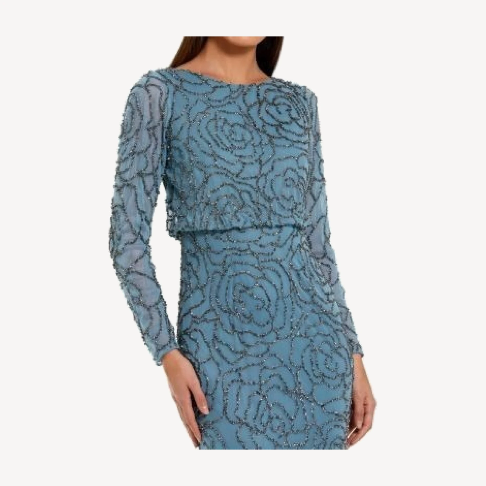Mac Duggal Beaded Mesh Long Sleeve Blouson Top Gown