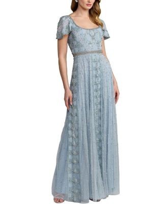 Mac Duggal Short Sleeve A Line Gown With Embellishements