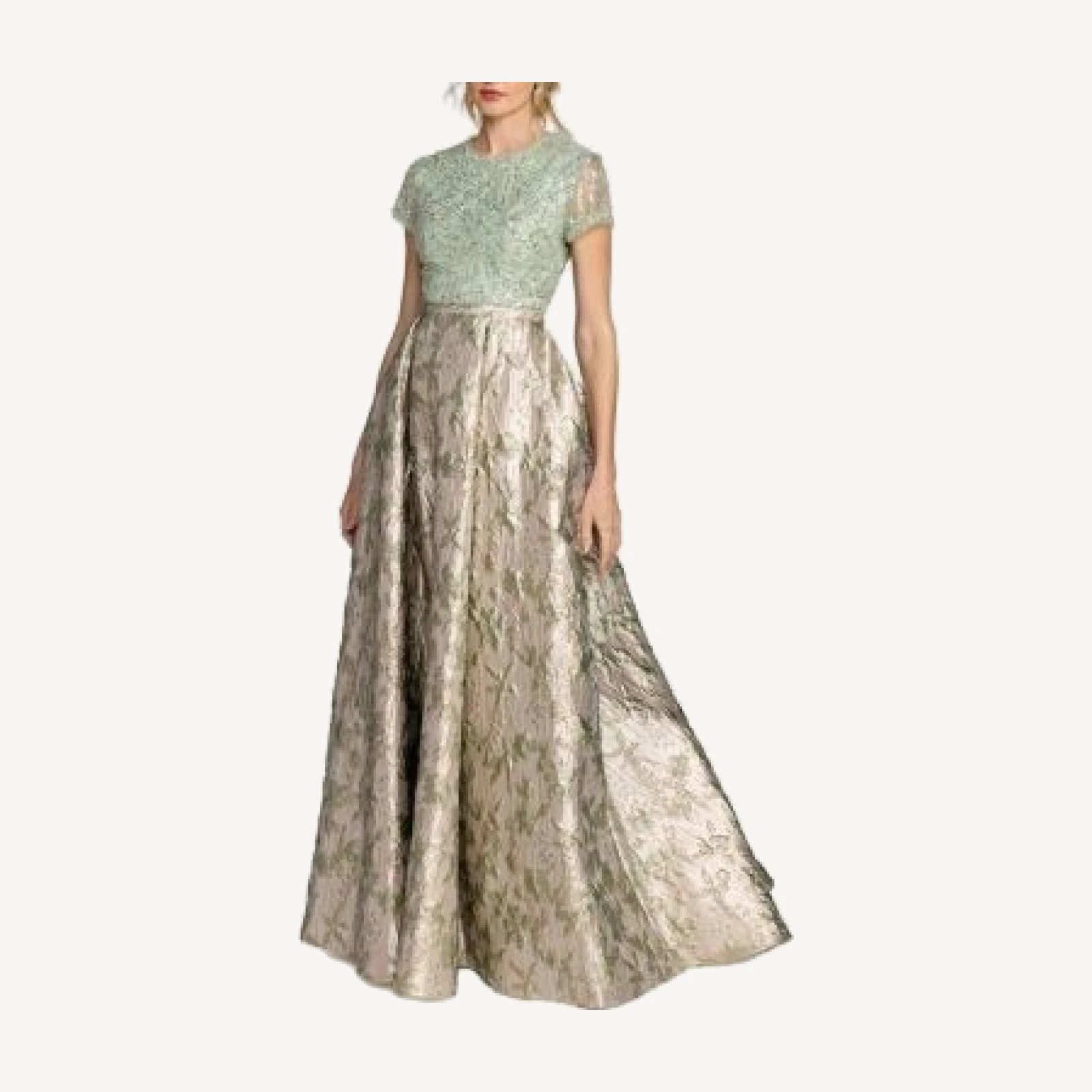 Mac Duggal Beaded Cap Sleeve Ball Gown with Metallic Brocade Skirt