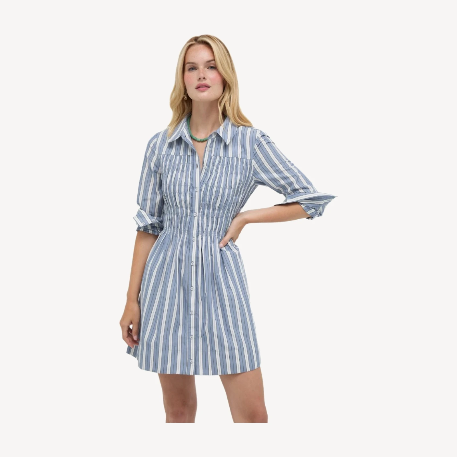The Mira Dress - Coln Ticking Stripe Dusty Blue