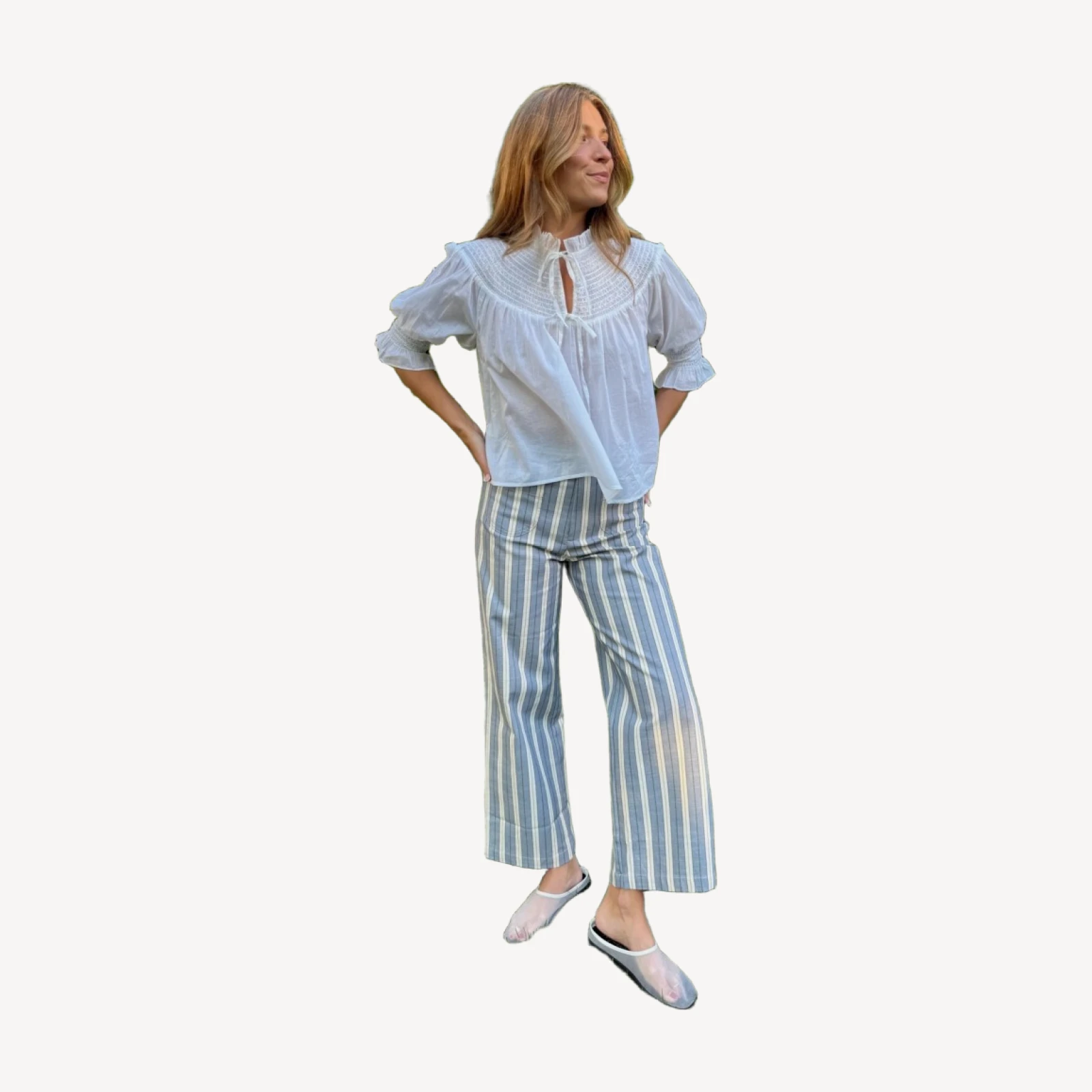 The Mindy Pant - Coln Ticking Stripe Dusty Blue