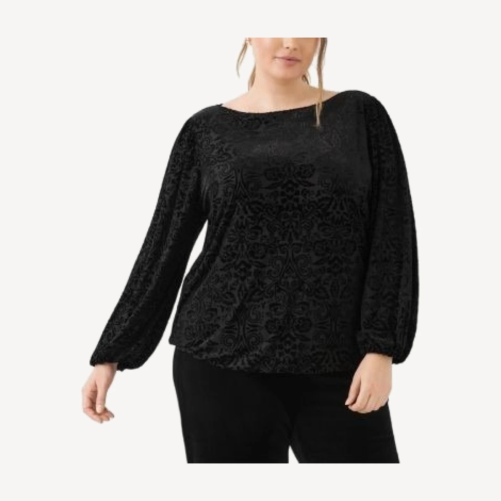 Karen Kane Plus Size Velvet Burnout Boat Neck Blouson Sleeve Top