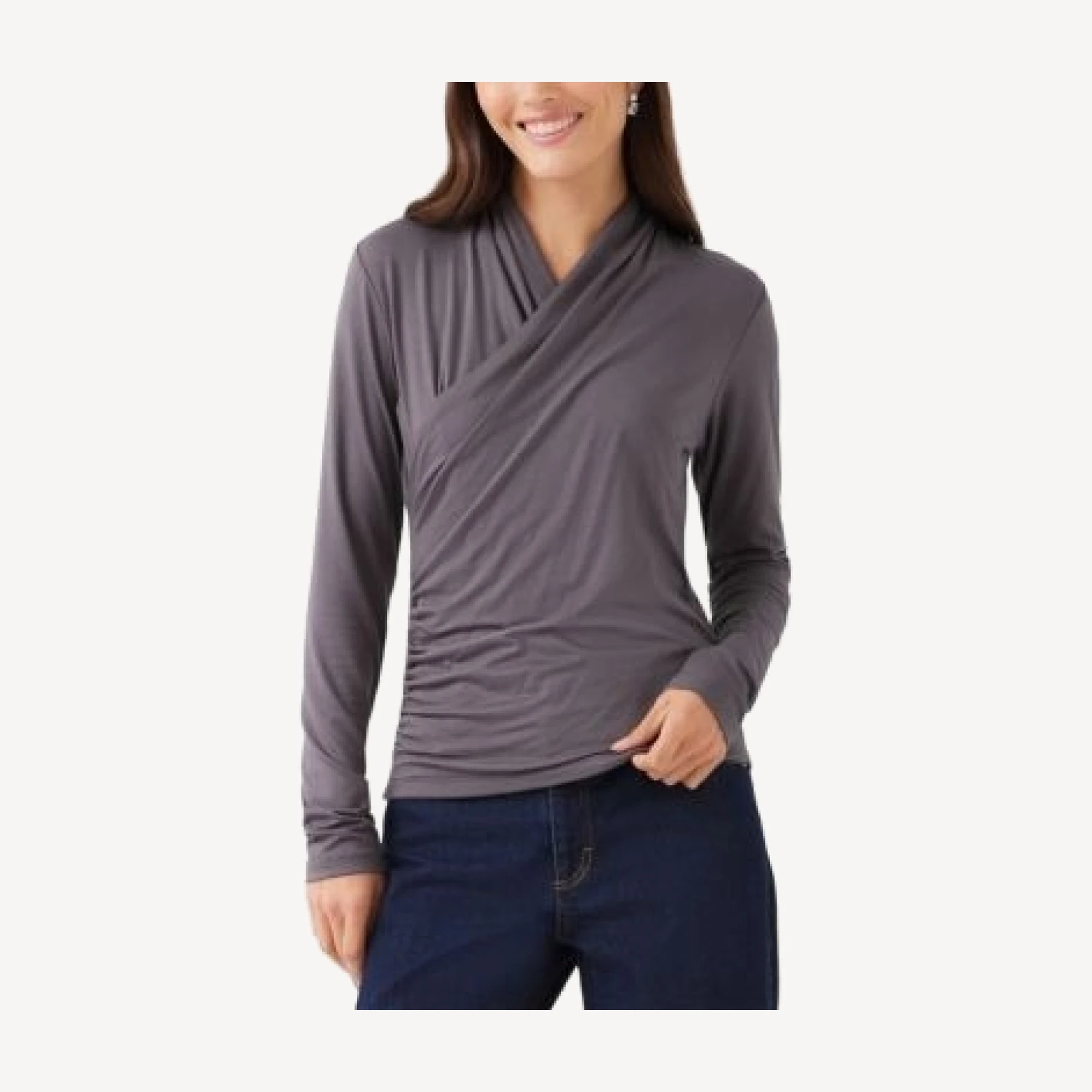 Karen Kane Crossover Side Shirred Long Sleeve Top