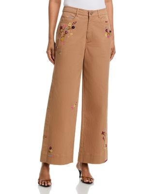 Cinq a Sept Wildflower High Rise Embroidered Betsy Straight Jeans Brown in Sandstone
