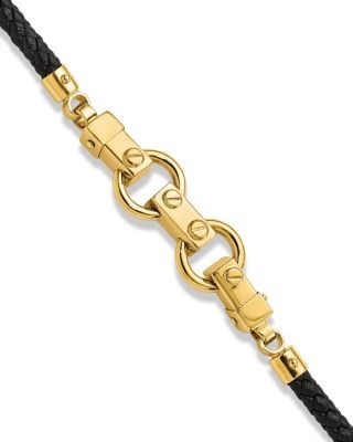 Bloomingdale's Fine Collection Men's Fancy Link Leather Bracelet in 14K Yellow Gold