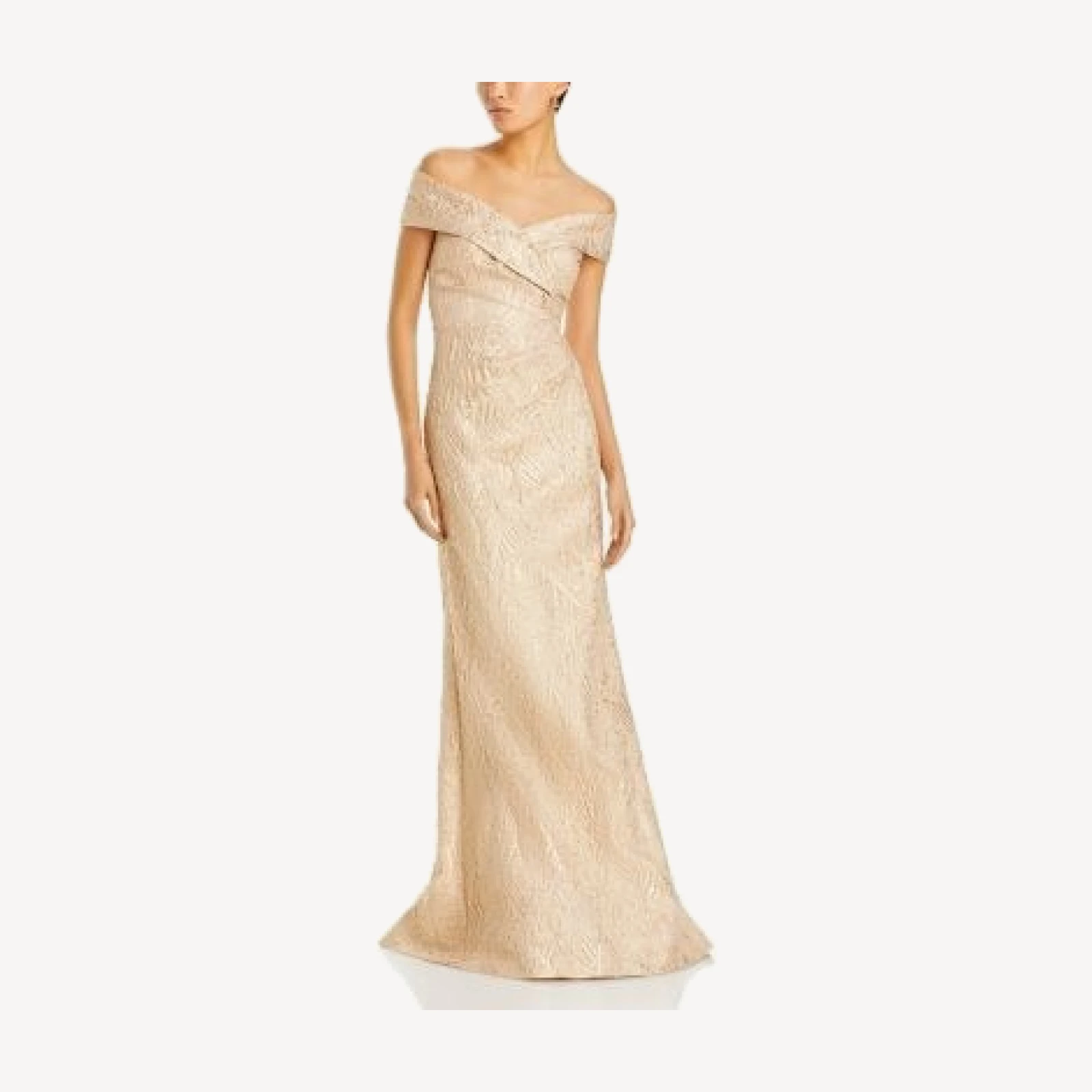 Teri Jon by Rickie Freeman Metallic Jacquard Off-the-Shoulder Gown