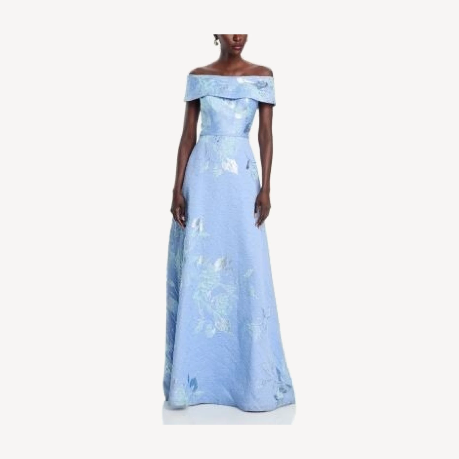 Teri Jon by Rickie Freeman Off-the-Shoulder Metallic Floral Jacquard Gown