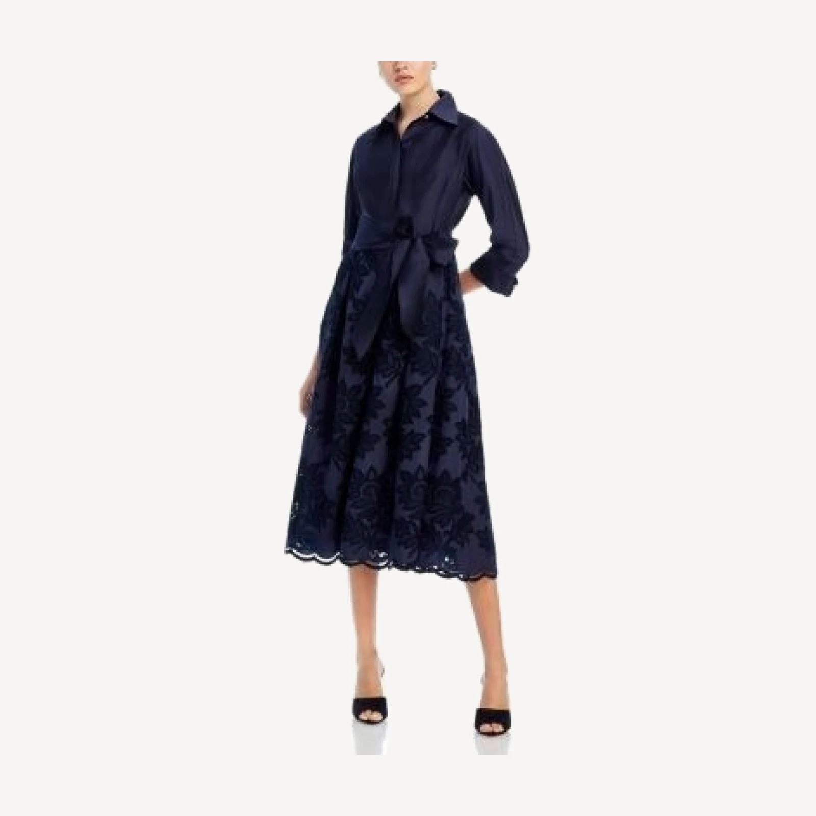 Teri Jon by Rickie Freeman Floral Eyelet Collared Midi Dress