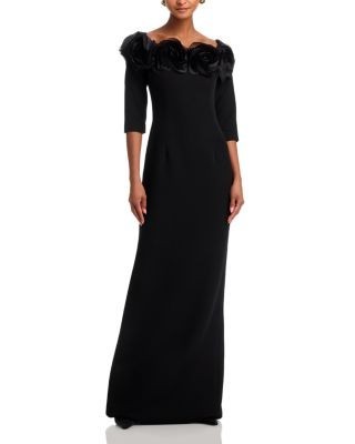 Teri Jon by Rickie Freeman Crepe 3D Flower Off the Shoulder Three Quarter Length Sleeved Gown