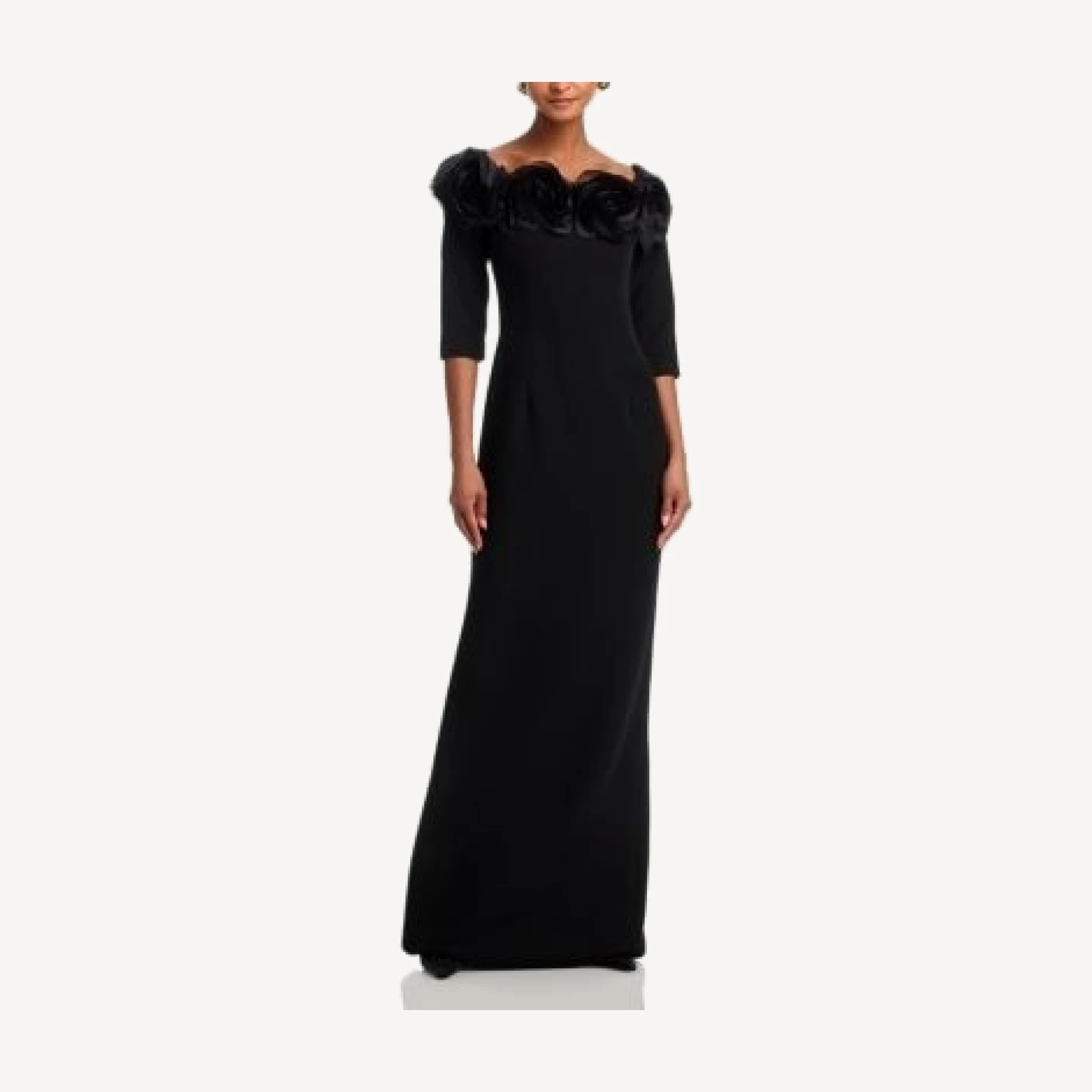 Teri Jon by Rickie Freeman Crepe 3D Flower Off the Shoulder Three Quarter Length Sleeved Gown