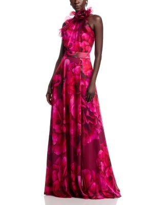 Teri Jon by Rickie Freeman Floral Organza Halter Gown