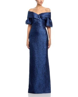 Teri Jon by Rickie Freeman Metallic Jacquard Puff Sleeve Gown