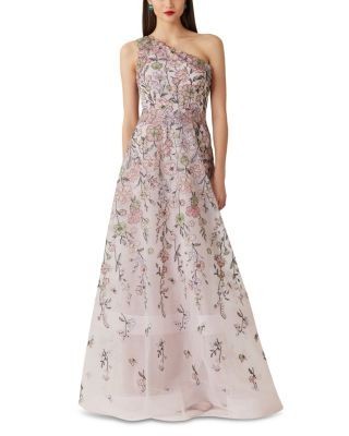 Teri Jon by Rickie Freeman Floral Embroidered One Shoulder Gown