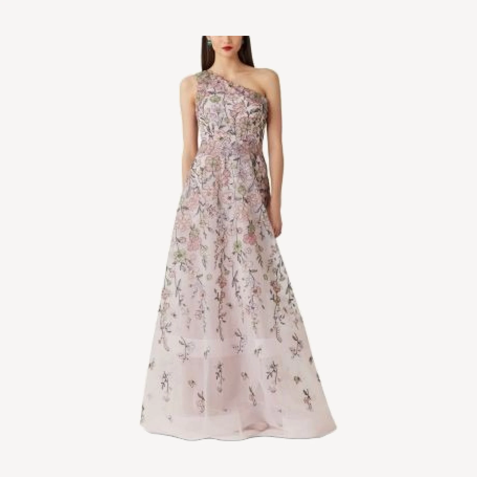 Teri Jon by Rickie Freeman Floral Embroidered One Shoulder Gown