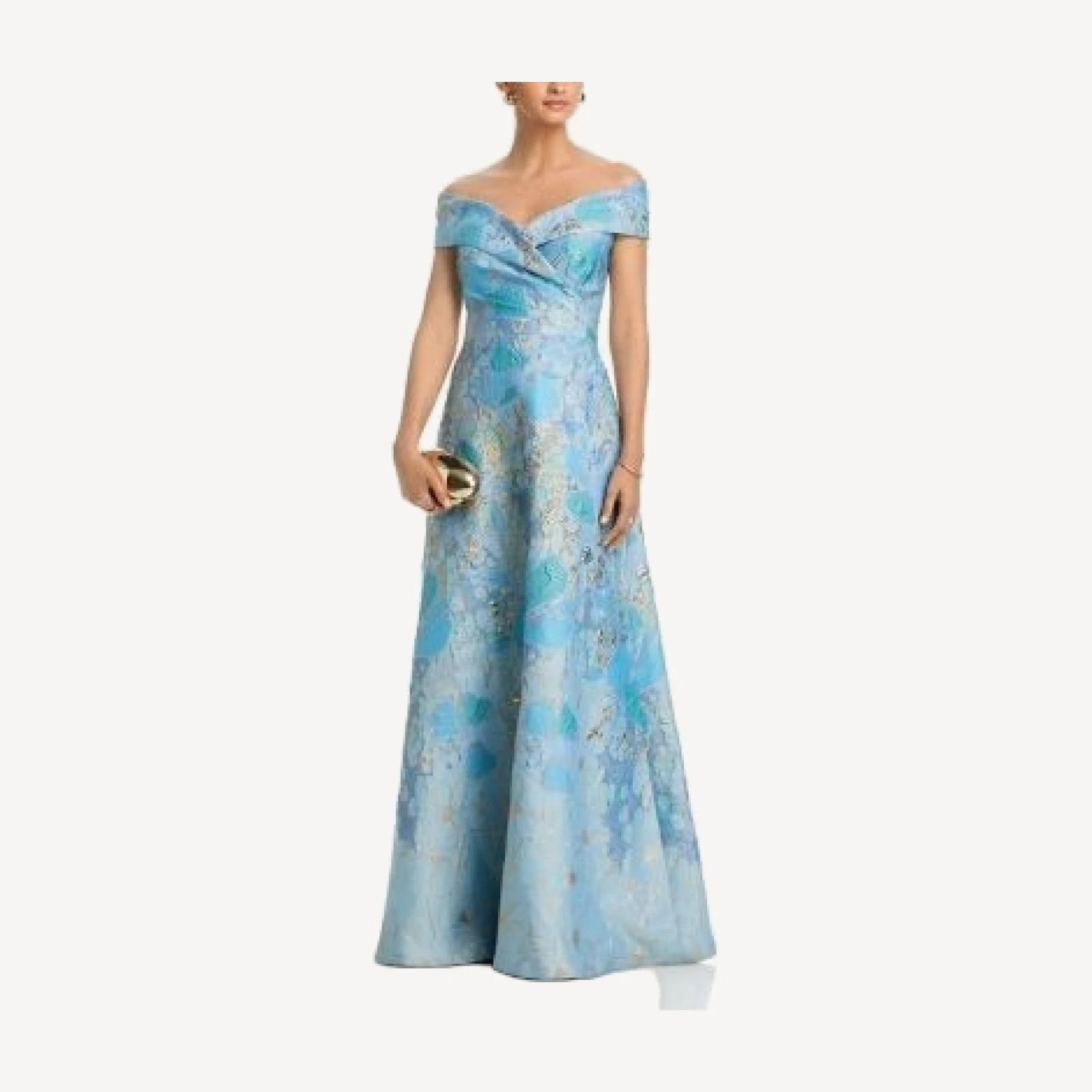 Teri Jon by Rickie Freeman Off-the-Shoulder Portrait Side Drape A Line Skirt Gown