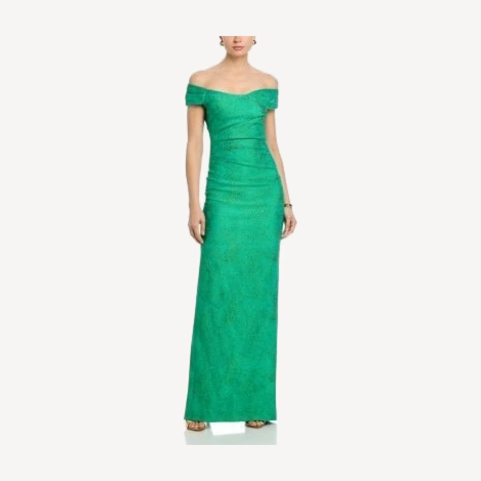 Teri Jon by Rickie Freeman Shimmer Jacquard Off Shoulder Ruched Gown