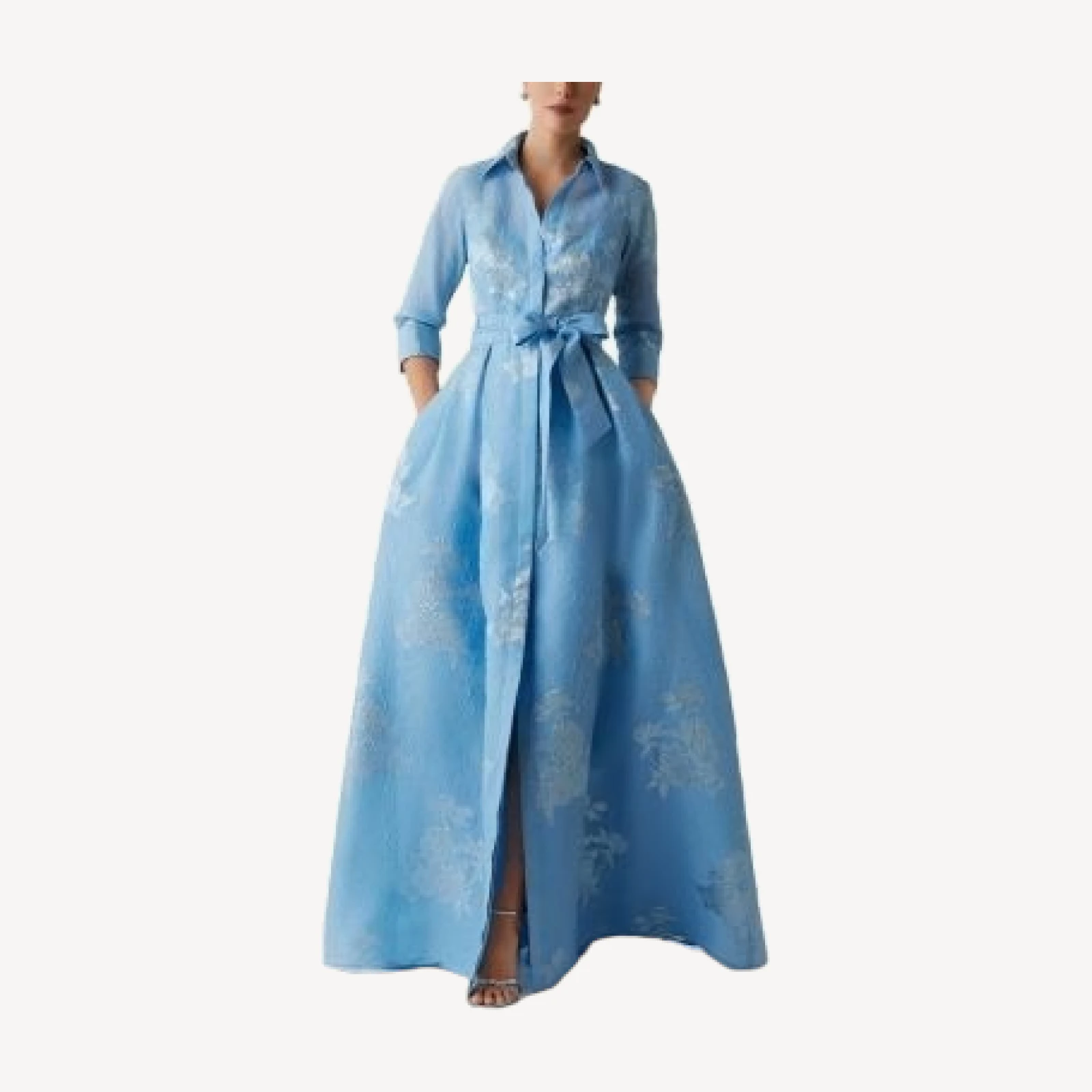 Teri Jon by Rickie Freeman Metallic Jacquard Shirt Waist Gown