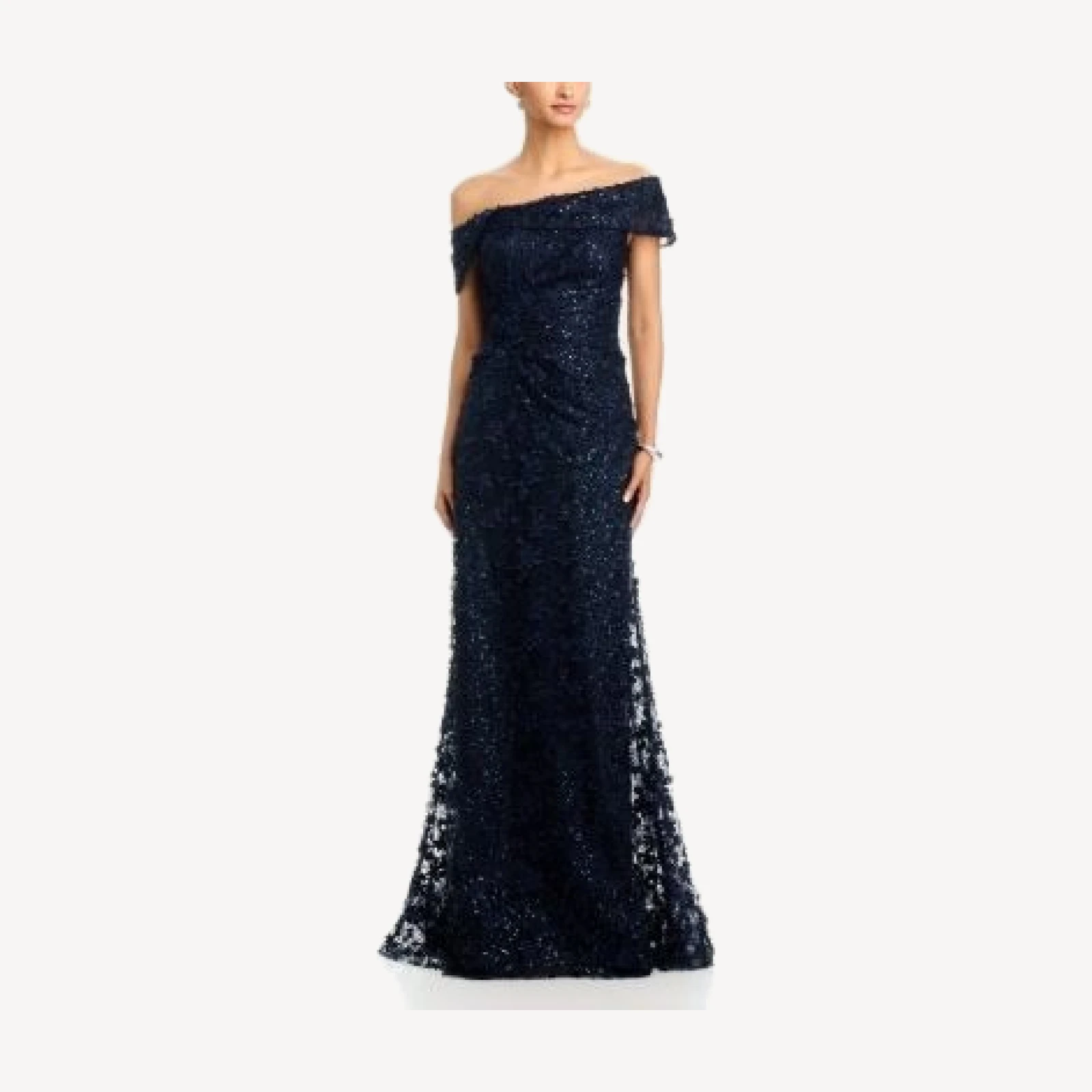 Teri Jon by Rickie Freeman 3D Lace Off-the-Shoulder Gown