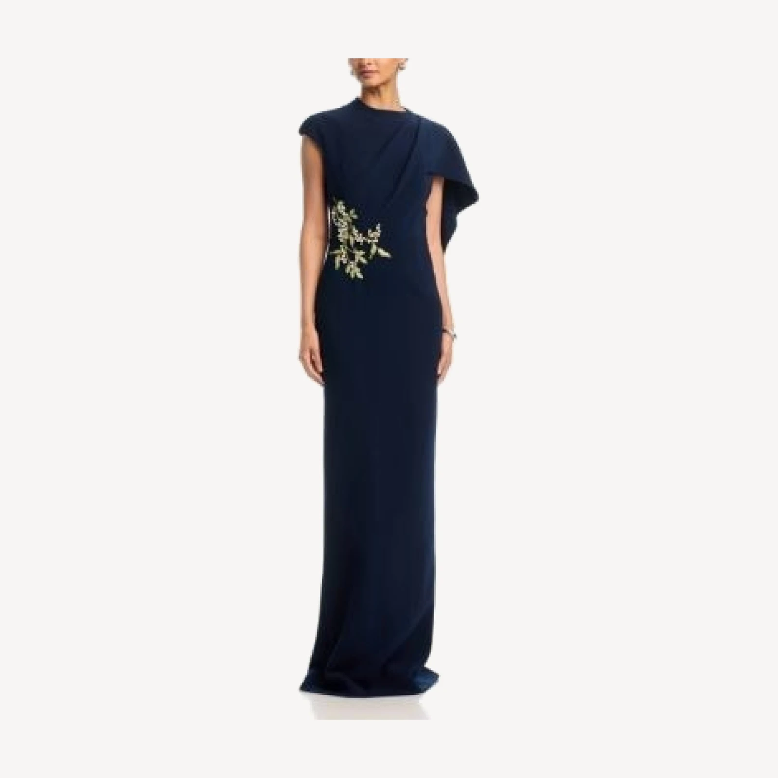 Teri Jon by Rickie Freeman Crepe Asymmetric Capelet Pearl Applique Waist Trim Gown