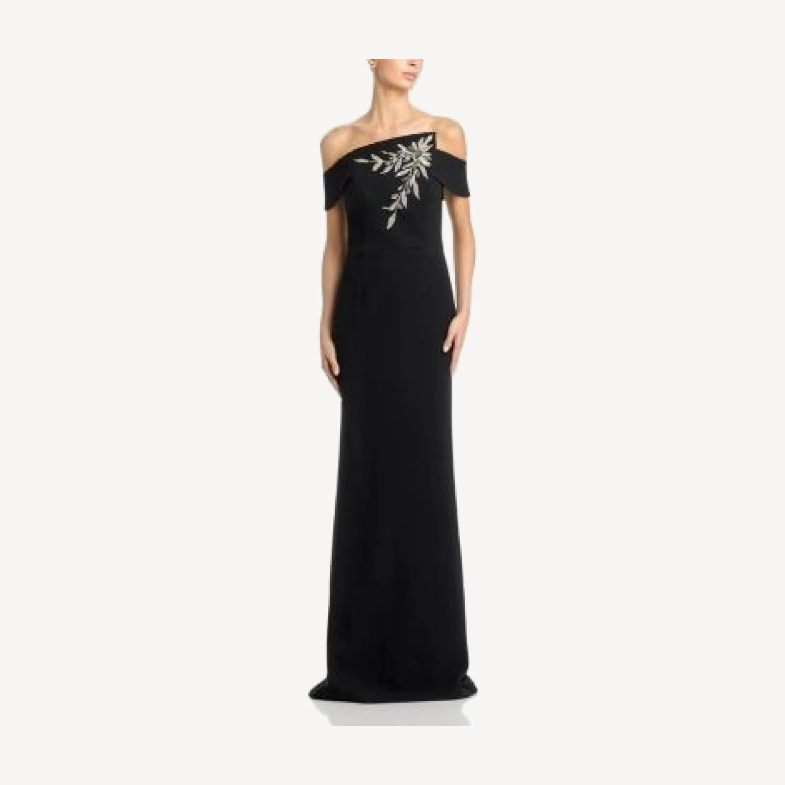 Teri Jon by Rickie Freeman Crepe Asymmetric Neck Embellished Gown
