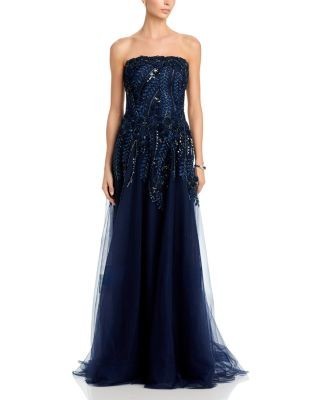 Teri Jon by Rickie Freeman Embellished Tulle Strapless Gown