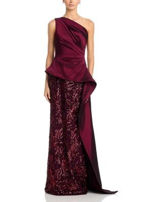 Teri Jon by Rickie Freeman Taffeta Sequin One Shoulder Gown