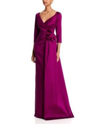 Teri Jon by Rickie Freeman Taffeta Floral Applique Draped Gown