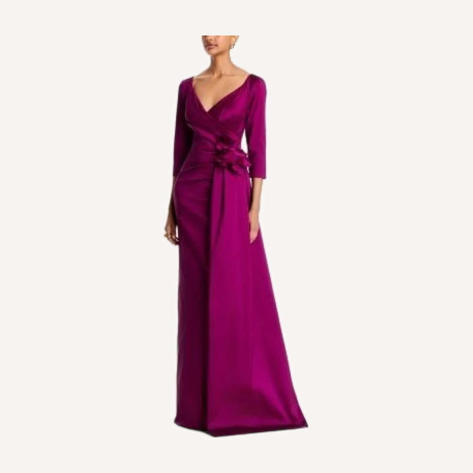 Teri Jon by Rickie Freeman Taffeta Floral Applique Draped Gown