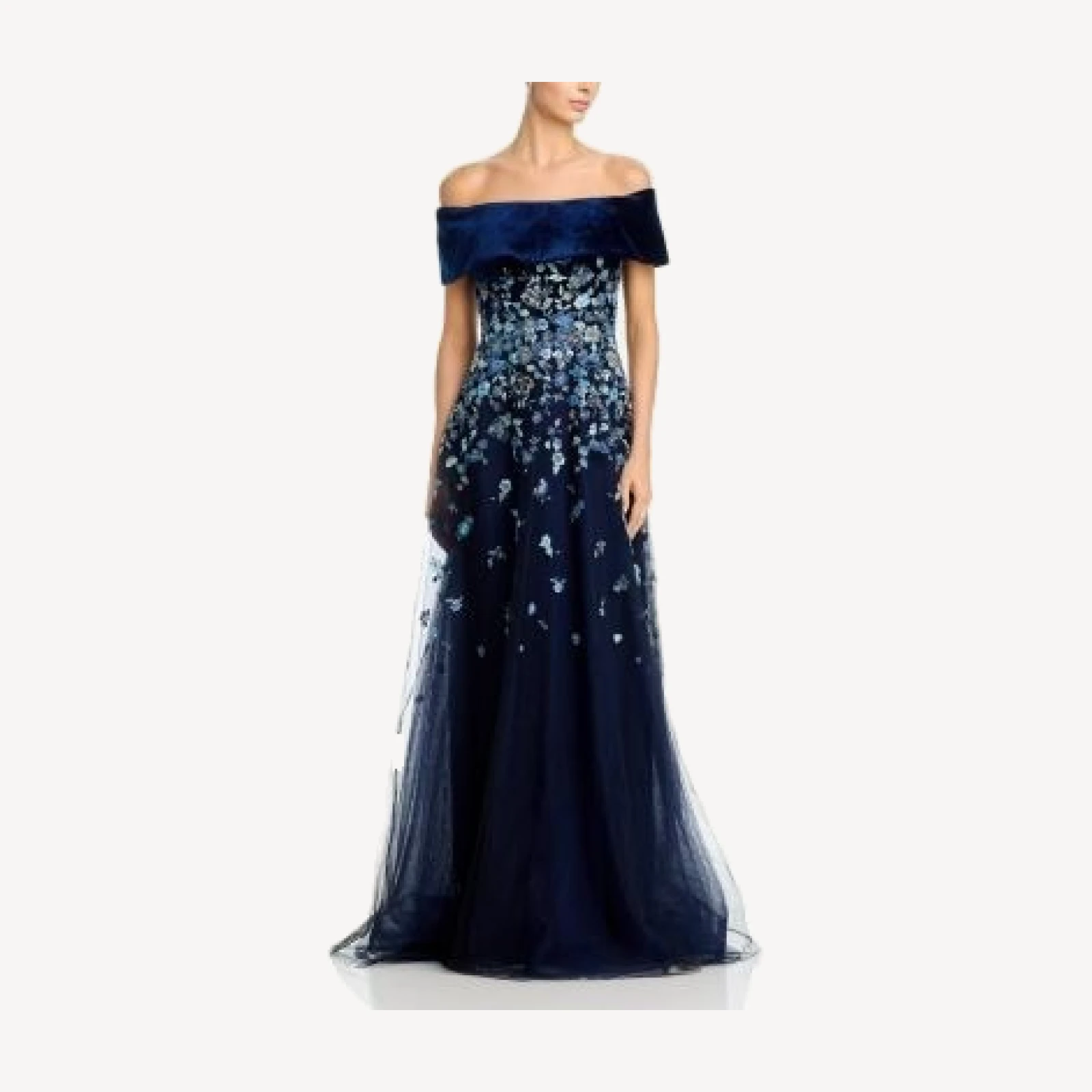 Teri Jon by Rickie Freeman Velvet & Embroidered Tulle Off-the-Shoulder Gown