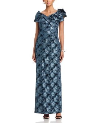 Teri Jon by Rickie Freeman Metallic Jacquard Off-the-Shoulder Flower Gown