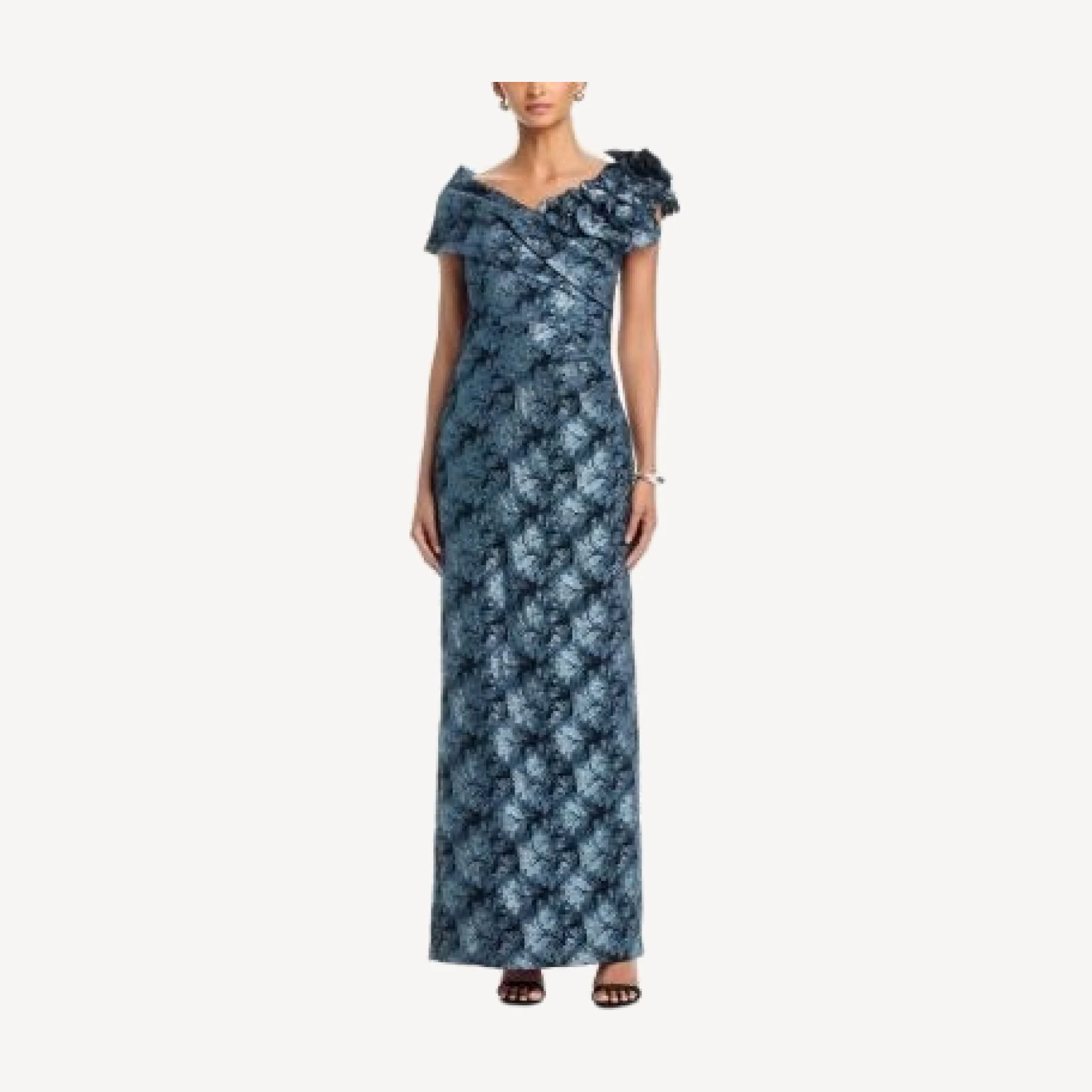 Teri Jon by Rickie Freeman Metallic Jacquard Off-the-Shoulder Flower Gown