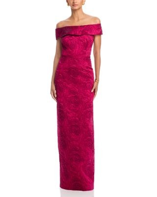Teri Jon by Rickie Freeman Jacquard Off-the-Shoulder Gown