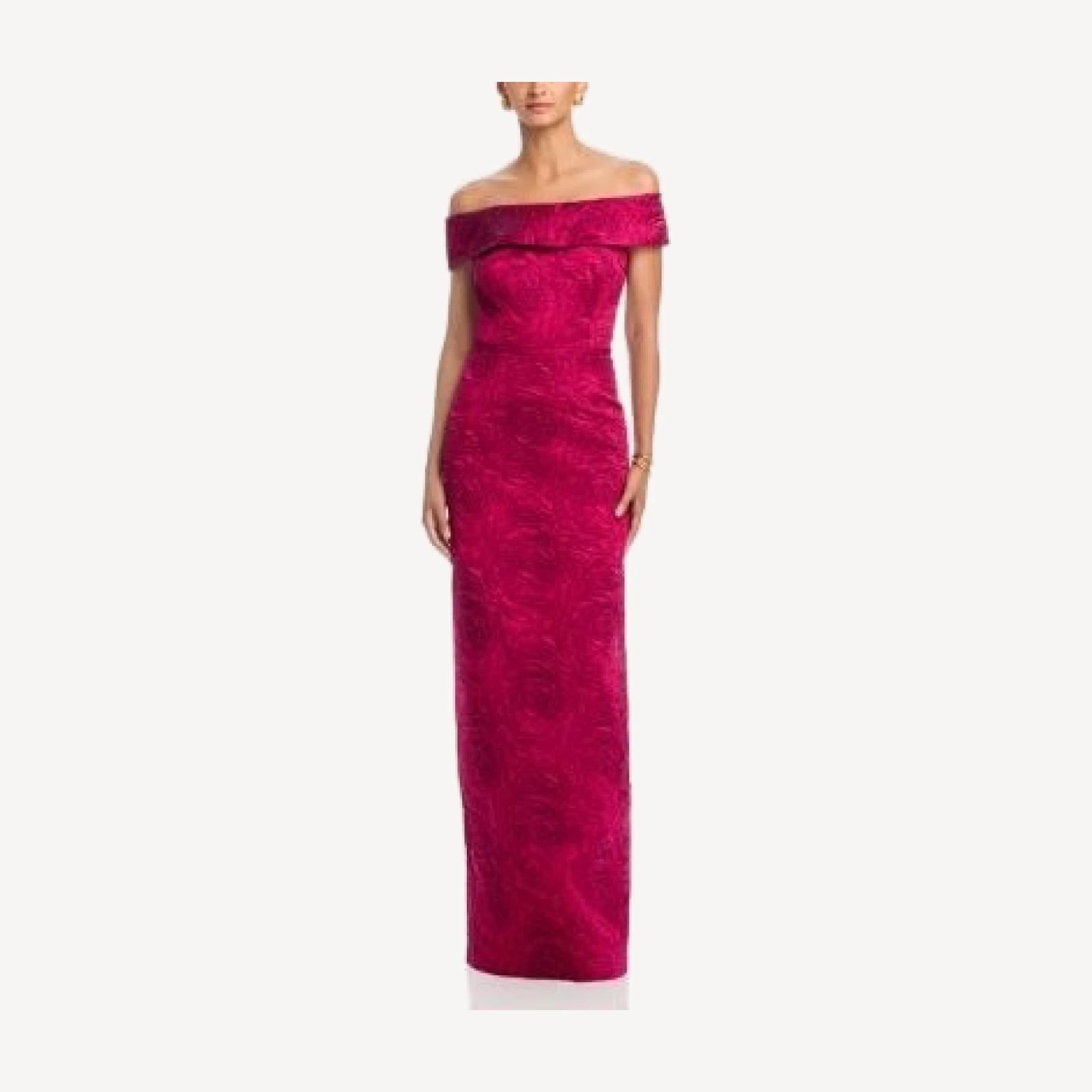 Teri Jon by Rickie Freeman Jacquard Off-the-Shoulder Gown