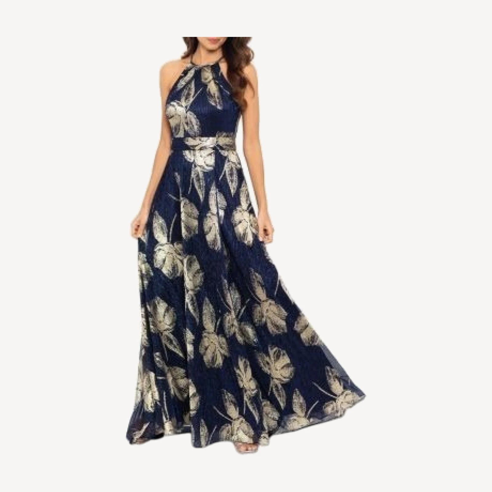 Aqua Floral Print Foil Halter Gown - Exclusive