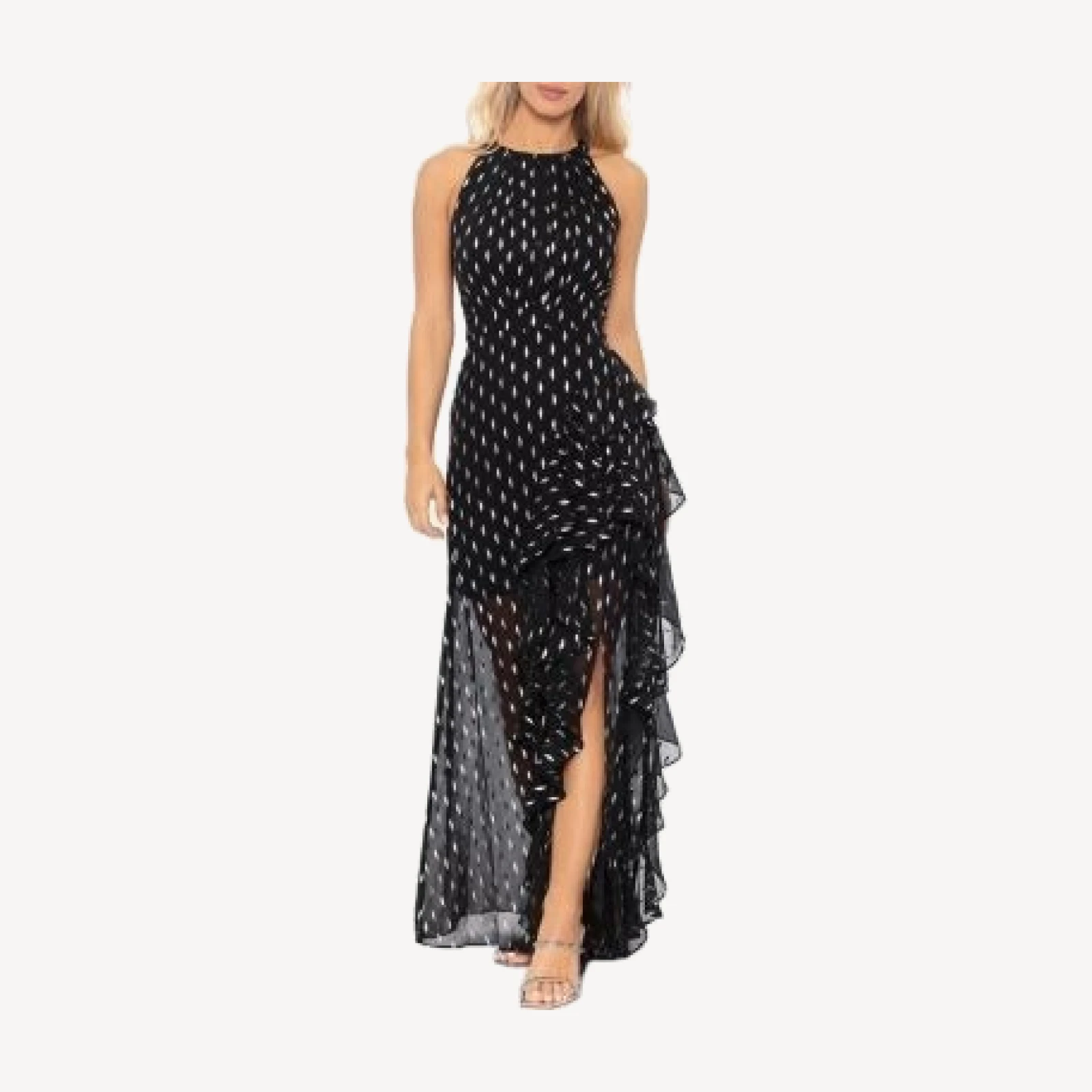 Aqua Metallic Crescent Chiffon Ruffle Gown - Exclusive