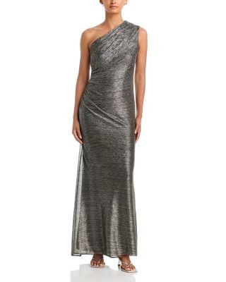 Aqua Glaxy Side Pleat Asymmetric Neck Gown - Exclusive